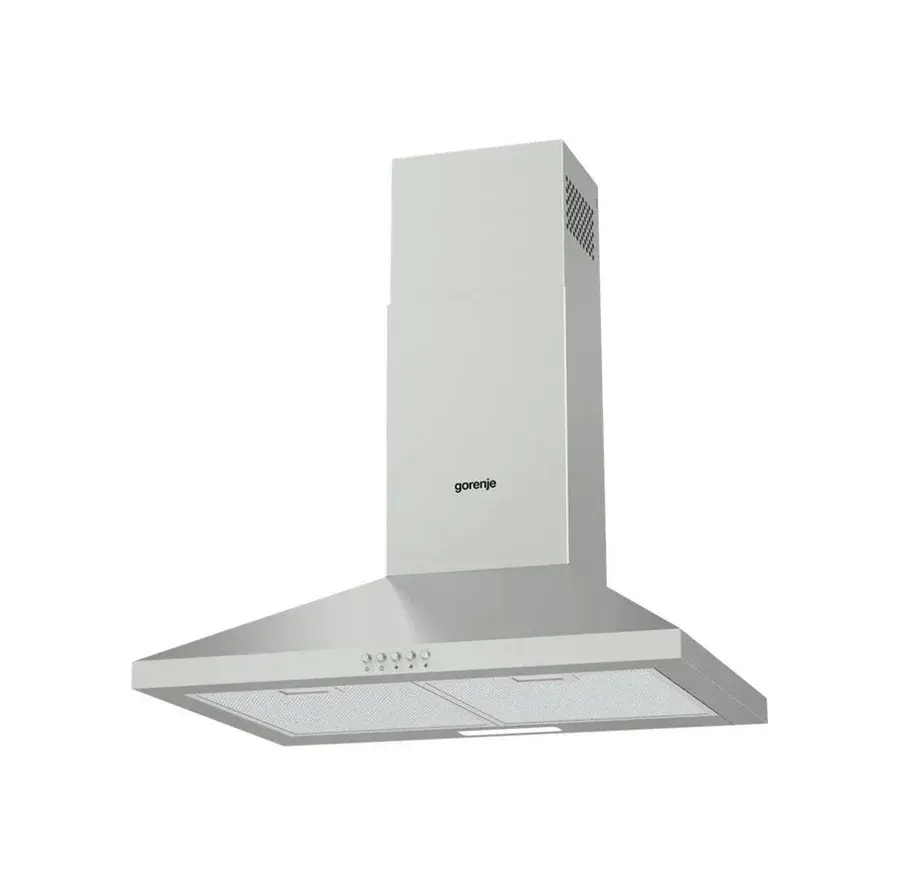 Væghængt pyramideformet skorstensemhætte i rustfrit stål med Gorenje-logo og fem trykknapper