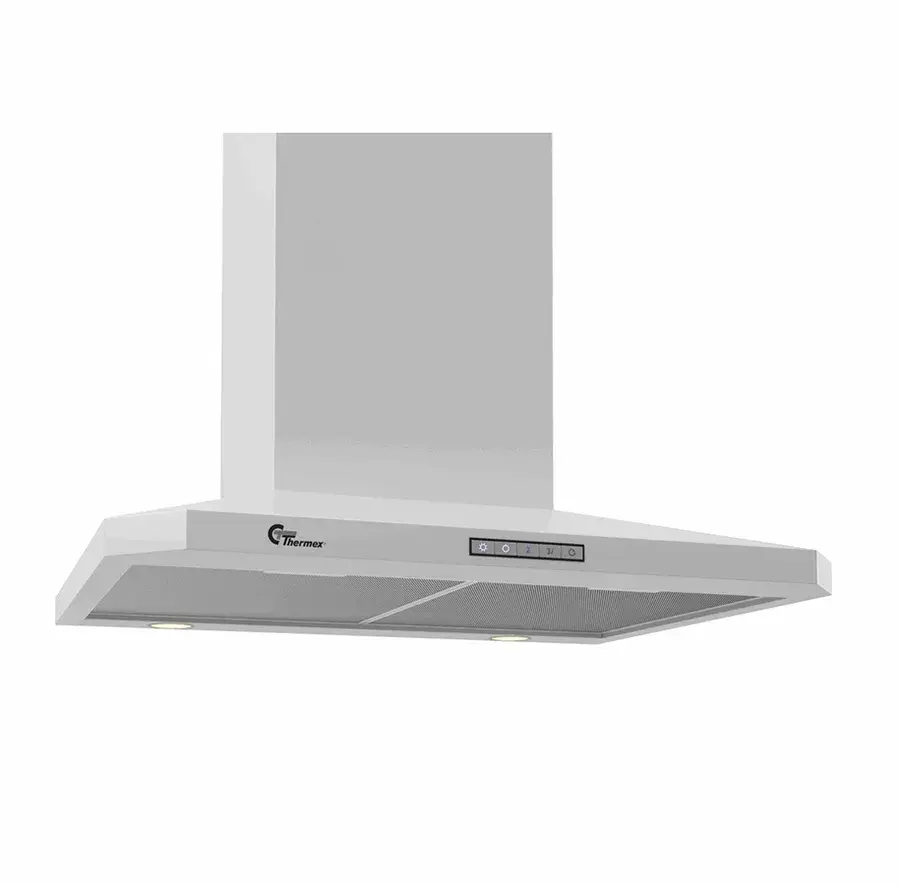 Hvid væghængt pyramideformet emhætte med skorsten og Thermex-logo, to aluminiumsfiltre og touch-knapper på forkanten