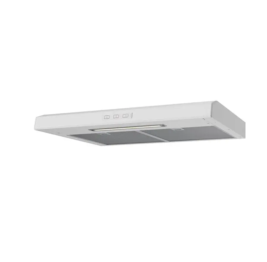 Hvid underskabsemhætte set skråt nedefra med tre trykknapper, en LED-strip og to filtre