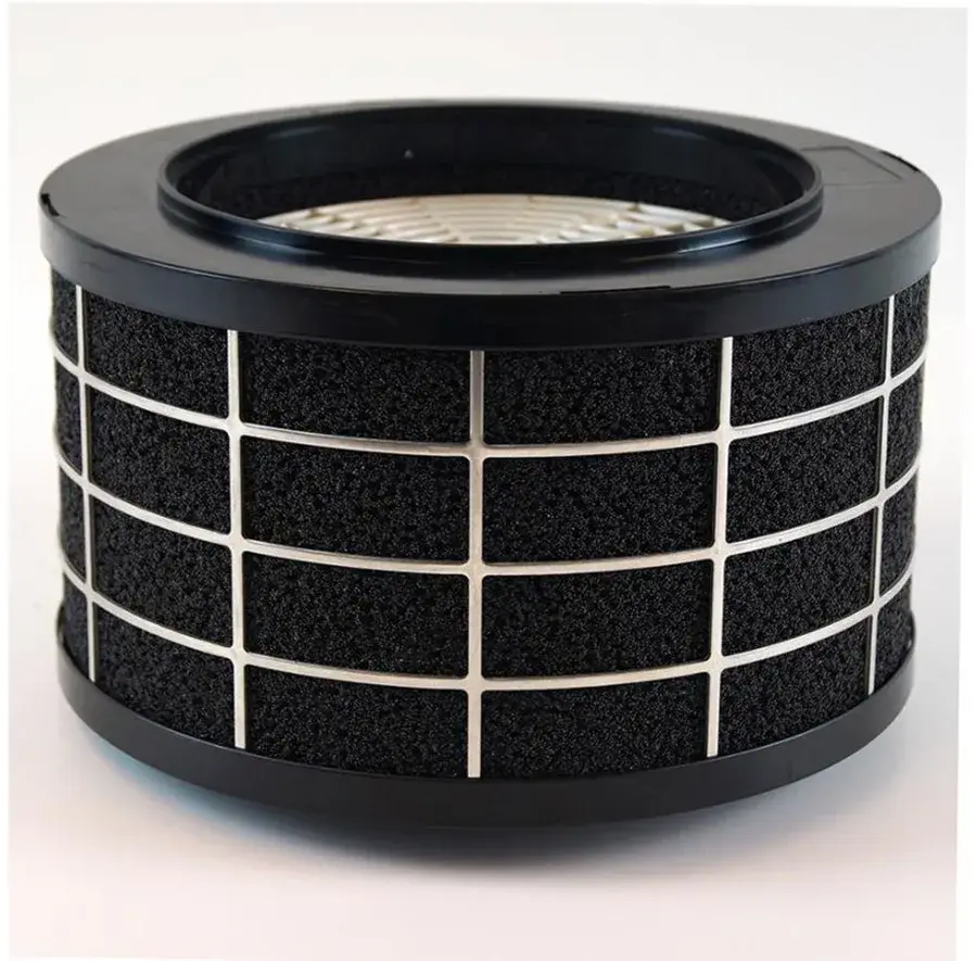 Cylindrisk filter med sort ramme, sorte kulpaneler adskilt af metalribber og en rund åbning foroven